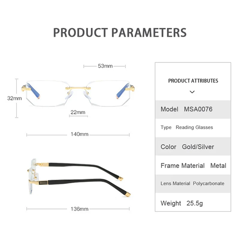 Женские очки для чтения, пресбиопические бескаркасные очки для глаз, женские очки без оправы, высококачественные роскошные диоптрий+ 1+ 1,5+ 2+ 2,5+ 3