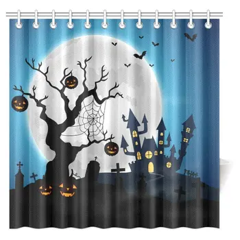 

Happy Halloween Shower Curtain, Halloween Night with Pumpkins Castle and Full Moon Fabric Bathroom Decor Set with Hooks,