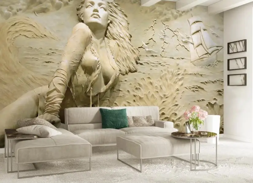 

European gold photo wallpapers for home walls Embossed seaside beauty wallpaper 3d stereoscopic wallpaper for boys room