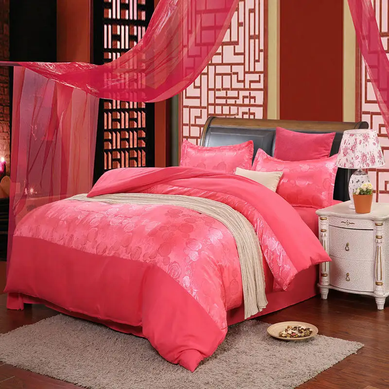 Pure satin silk bed setting four-piece set red and pink rose love wedding decoration cotton bed sheets free shipping - Color: color3