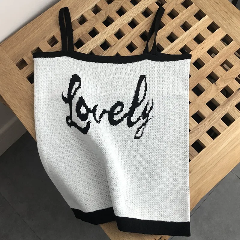 

2020 Summer Women Sexy Sleeveless Knitted Tank Tops Beach Wear Letter Embroidery Short Camisole