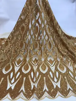 

New Arrival Sequins Lace Fabrics Gold African Nigerian Tulle Mesh Lace Fabric for Wedding Velvet Lace Fabrics with Sequins