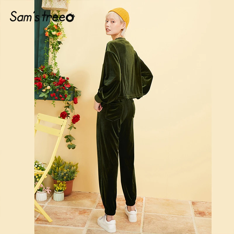 Tanie Samstree Green solidna w stylu casual, sztruksowa Retro rozrywka dwuczęściowe stroje damskie 2019 jesień sznurkiem sportowe ubrania damskie