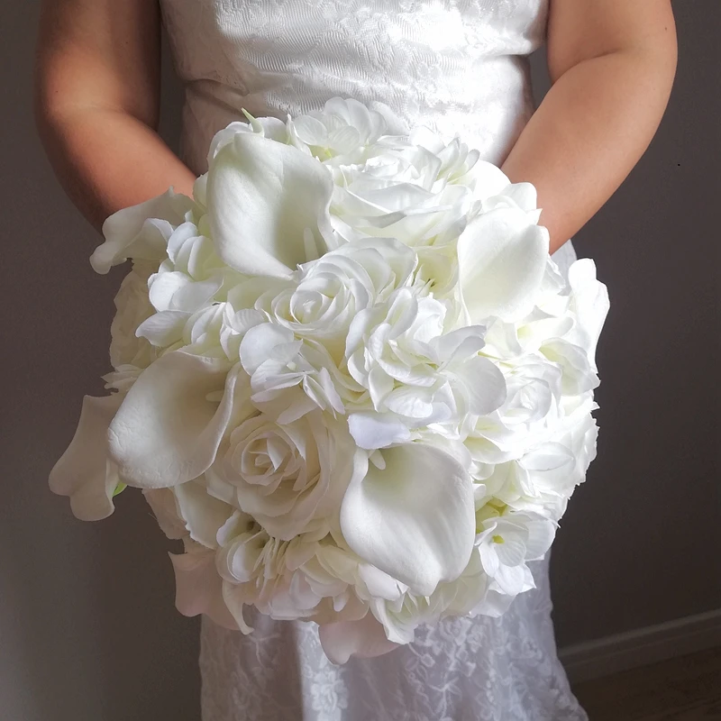 New Ivory Cream Bouquet Wedding Hydrangea With Rose and Calla lily 12inch Round Bridal Bridesmaid Flower Bunch свадебный букет