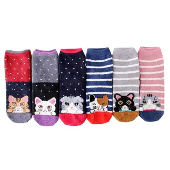 

6 Pairs Women Winter Thick Warm Fuzzy Slipper Socks Cute Cartoon Meow Cat Stripes Print Coral Velvet Thermal Hosiery