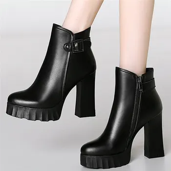 online Goth Punk Creepers Mulheres De Couro Genuíno Cubana Saltos Altos Botas Da Motocicleta Feminino Alto Topo Redondo Dedo Do Pé Plataforma Chunky Bombas Sapatos