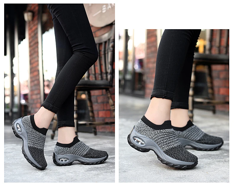 PUAMSS, женские кроссовки, обувь для бега, плоская подошва, без шнуровки, на платформе, кроссовки для женщин, черная дышащая сетка, носок, обувь
