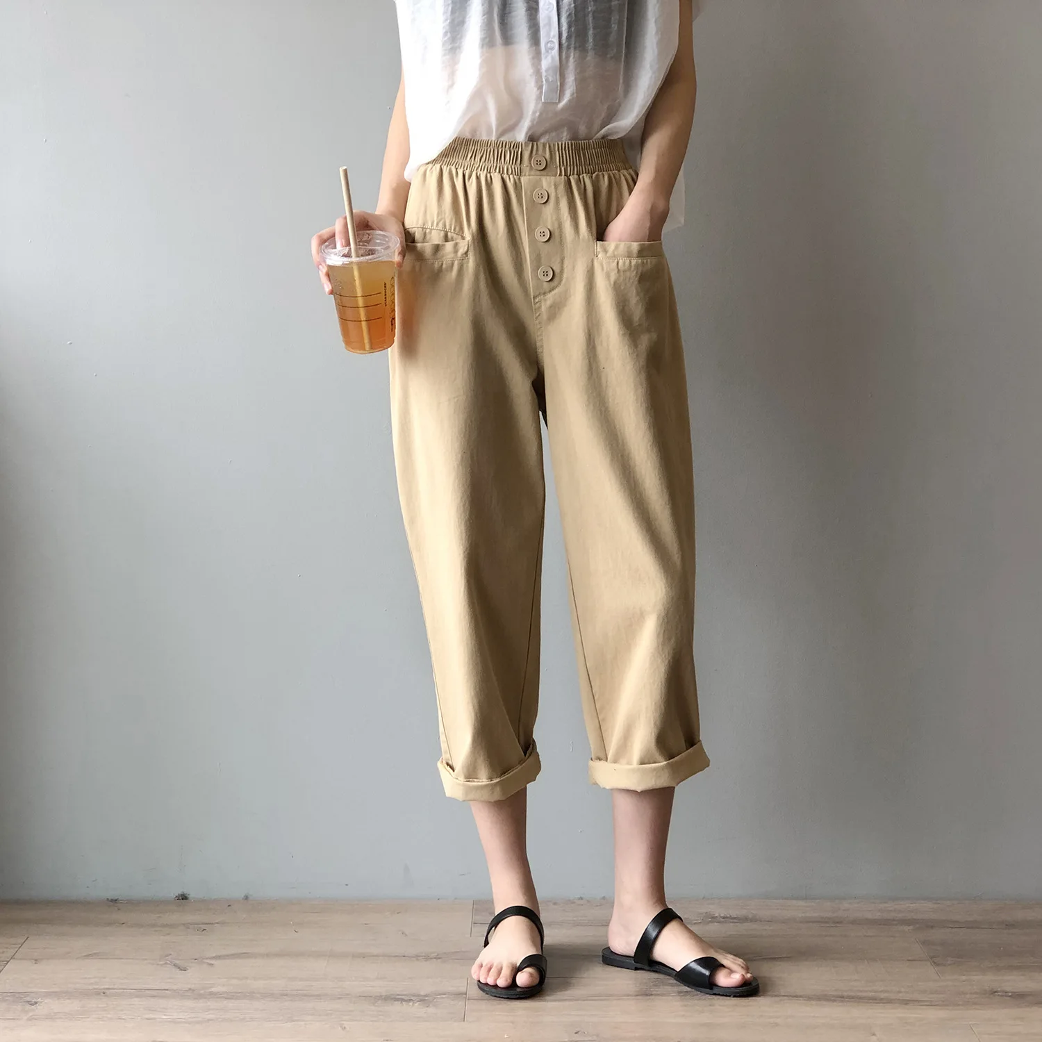 High Waist Wide Leg Pants Women 2020 Autumn New Korean Style Loose Solid Color Elastic Waist Casual Ankle-length Pants