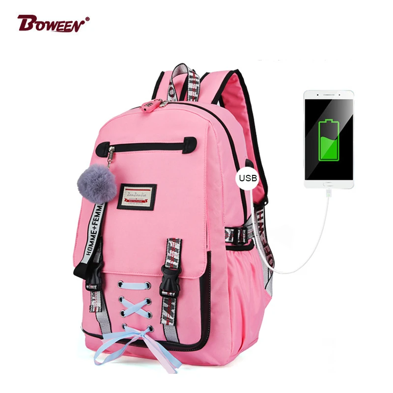 Women's backpack fashion backpack trend all kinds of ribbon decoration USB leisure outdoor large capacity schoolbag