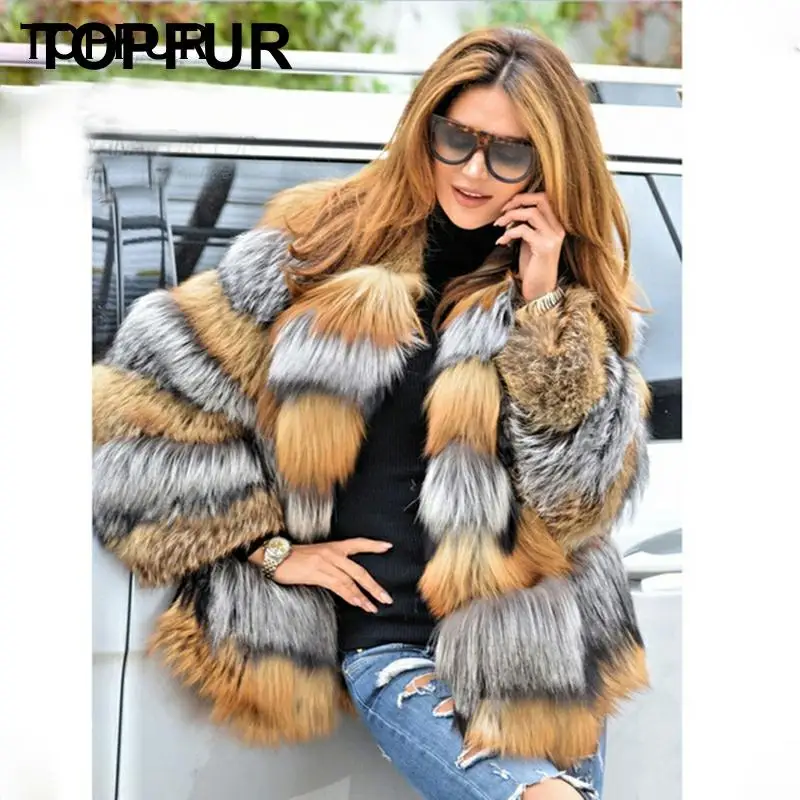 TOPFUR, Новое поступление, натуральная Шуба из красного лисьего меха для женщин, высокое качество, натуральный мех серебристой лисы, верхняя одежда, Толстая теплая шуба из натурального меха