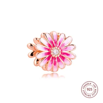 

2020 Spring New Fits Pandora Bracelet 925 Sterling Silver Pink Daisy Flower Enamel Charms Beads for Jewelry Making kralen