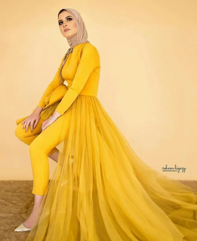 Yellow Muslim Prom Jumpsuit With Train 2020 Long Sleeve Peplum Tutu Kaftan Caftan Arabic Hijab Occasion Evening Pant Suit Dress Prom Dresses Aliexpress