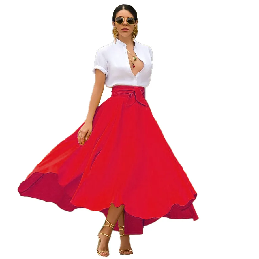 Длинная юбка для женщин, летняя винтажная Высокая талия с поясом, большие качели, плиссированная макси юбка, Классическая мода, ретро длинная юбка