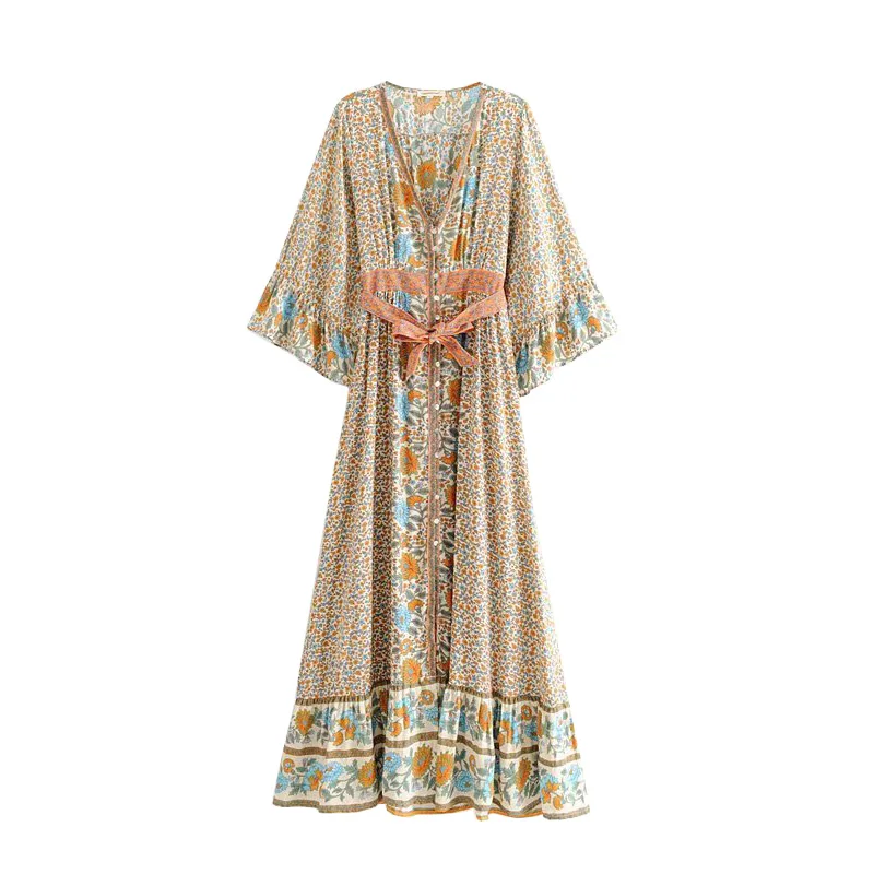 Boho шикарное Макси платье женское летнее винтажное цветочный принт с поясом длинное платье женское модное кимоно рукав макси пляжное платье