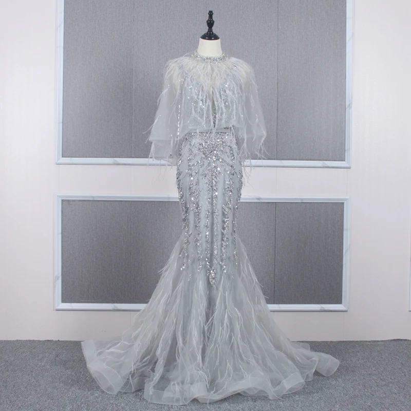 

Ready To Ship Luxury Feather Beading Sexy Backless Mermaid Evening Dress with Removable Cape