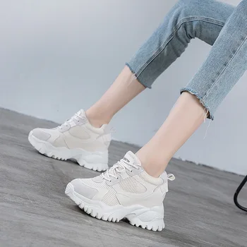 

Yiluan Women Sneakers Leather Shoes Casual Lace up Flats Female 2020 Fashion Breathable Comfort Women Shoes White 8cm increase