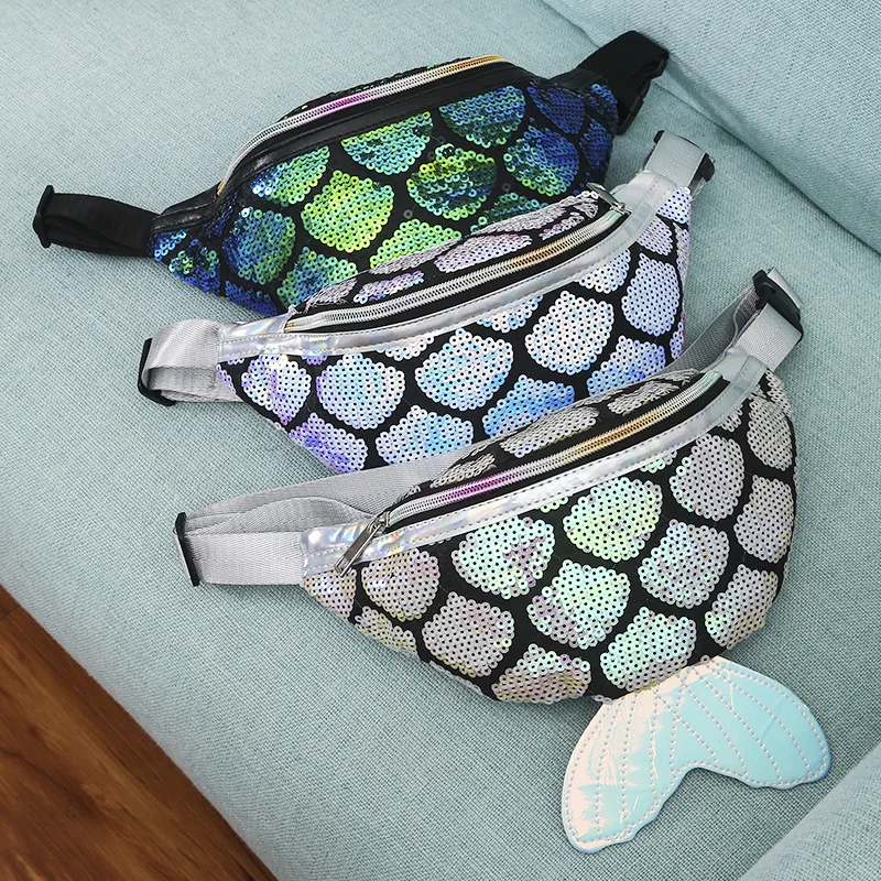 Женская детская сумка с блестками на талии из искусственной кожи, модная сумка-Фанни с рыбьим хвостом для девочек, сумка на плечо для путешествий, походная сумка на пояс для телефона
