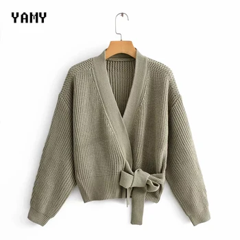 

Top quality Womens green Sweater long sleeve Female Winter Cardigan with sashes chic Streetwear Womens za Knit Top Sweater