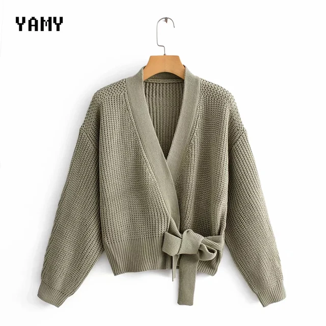 US $16.99 Top quality Womens green Sweater long sleeve Female Winter Cardigan with sashes chic Streetwear Wom