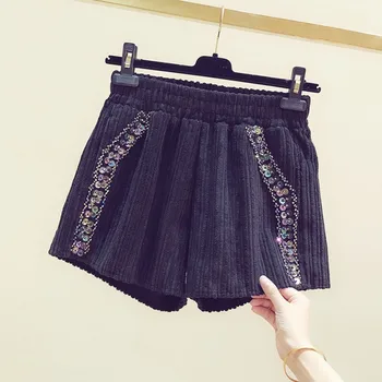 

2019 New Autumn Winter Bead Segments Corduroy Shorts Women's A-shaped Broad-legged Short Pants Ladies Slim Shorts Student Shorts