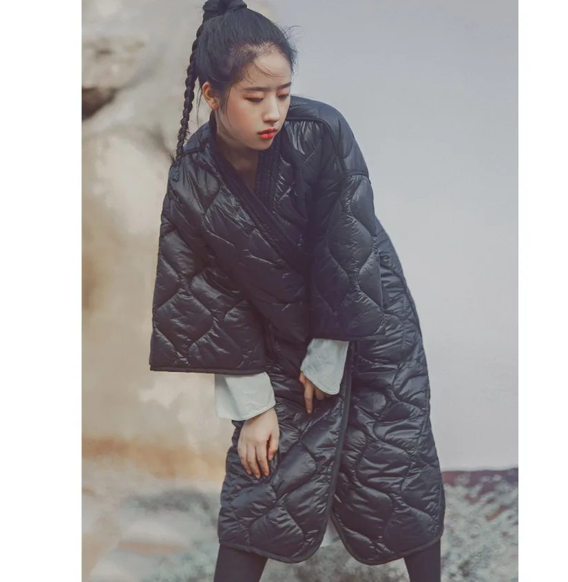 Dark Black Winter Japanese Kimono Bandage Robe Loose Long Cotton Padded Jacket Winter Warm Long Coat LM88