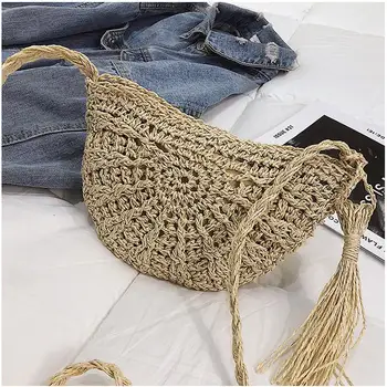

Half Circular Women Straw Bag Summer Beach Rattan Messenger Shoulder Bags For Ladies Tassel Wicker Weave Bag by handmade