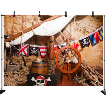 

Acejoker Nautical Pirate Backdrop Pirates Ship Deck Steering Wheel Flag Birthday Baby Shower Background Table Banner Photography