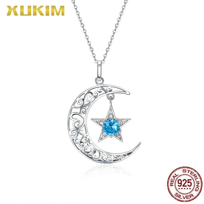 SN806 Xukim ювелирные изделия Луна Звезда синий кристалл ожерелье 925 стерлингового