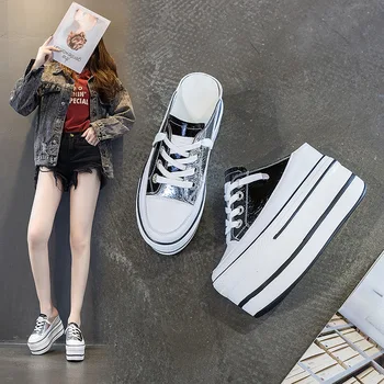 

Spring and summer new casual sports shoes female genuine leather increased 10CM thick bottom lazy half slippers women EA-18