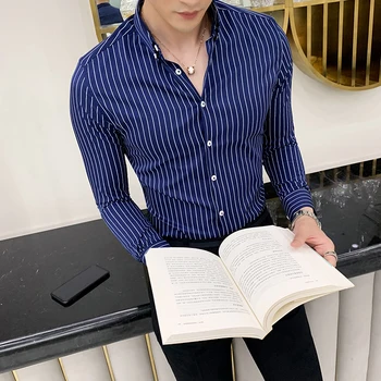 

High Quality Men Dress Shirt Long Sleeve Vertical Stripes Shirt Men Slim Fit Casual Formal Wear Business Shirts Men Clothes 2020