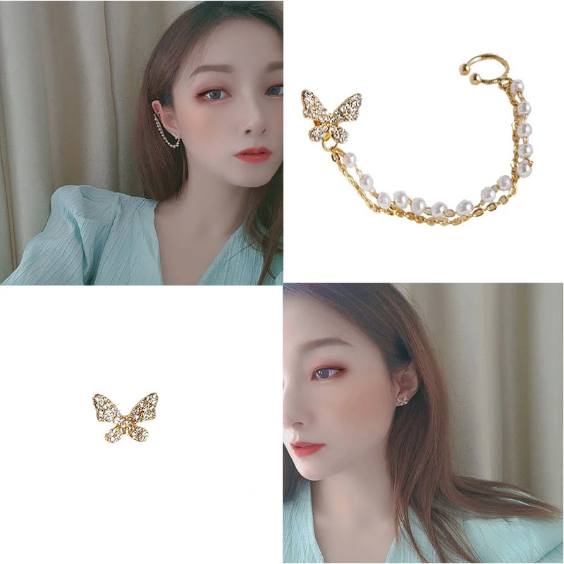 

Metal Chain Ear Stud Elegant Butterfly Earrings Korean Earring Elegant Ear Bone Clip Rhinestone Personality Fashion Ear Jewelry