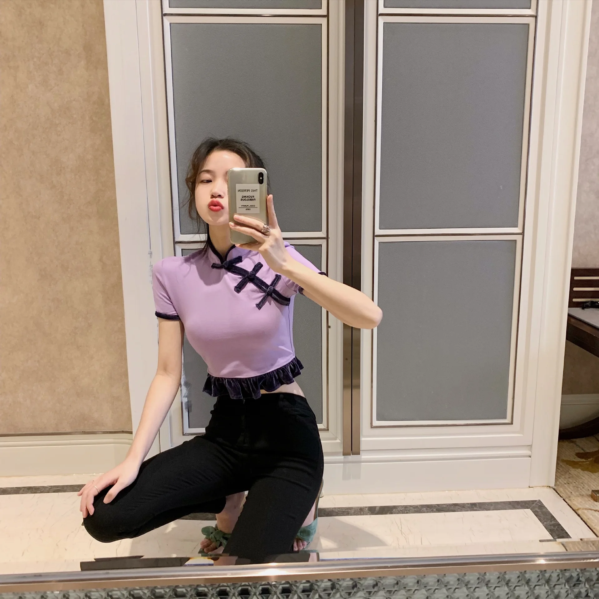 

Photo Shoot 2019 WOMEN'S Dress Summer Sweet Slim Fit Frog Cheongsam Style Short Tops + Half-length Short Skirt Set