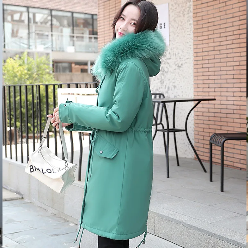 

One-Piece 2019 Autumn And Winter Korean-style WOMEN'S Wear Hooded Drawstring plus Velvet Mid-length down Feather Cotton-padded C