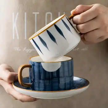 

MDZF SWEETHOME 300ml Japanese Ceramic Coffee Cup Set With Saucer Hand Painted Milk Tea Cup Dessert Saucer Household Oven Mug