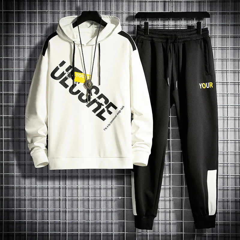 

Men's Casual Letter Cotton Pullover Two-piece Hooded Sportswear Pants Sports Shirt Autumn Winter Sportswear Tracksuit Men Homme