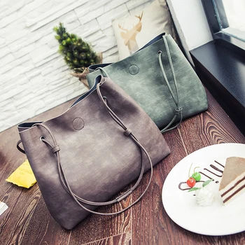 

2 Pcs / Set Fashion Women Bag PU Leather Soft Solid Color Women Shoulder Bag Handbags Ladies Casual Tote Bags