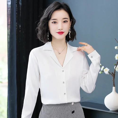 Корейские модные шелковые женские блузки однотонные розовые женские рубашки с длинным рукавом плюс размер XXXL Blusas Femininas Elegante женские топы - Цвет: Белый