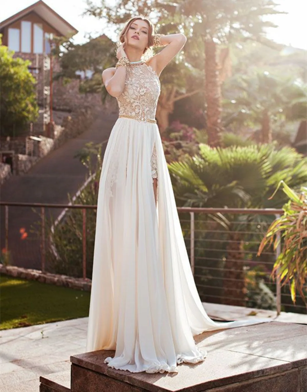 Elegante Vrouwen Bohemian Hot Split A-lijn Halter Rhinestone Kraal Kant Chiffon Lange Bridal Gown Wedding Dress 2015 Fashion Elegante Vrouwen Bohemian Hot Split A-lijn Halter Rhinestone Kraal Kant Chiffon Lange Bridal Gown Wedding Dress 2015 Fashion