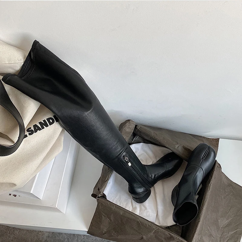Novelty Split Toe black leather Over the knee thigh high boots for Women New Sexy low heel sock Long booties botas largas mujer