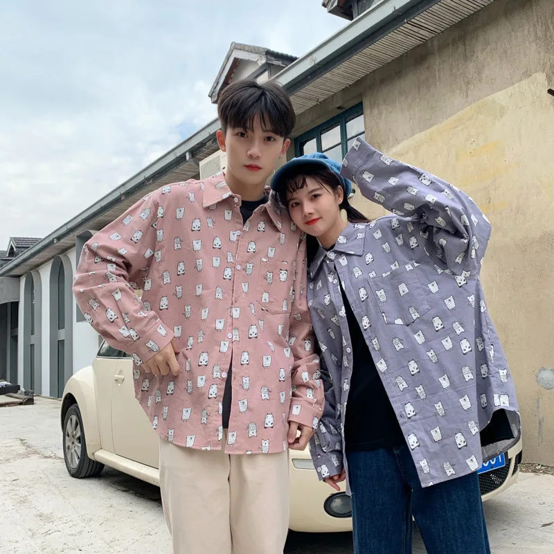 

2020 Spring And Autumn New Cartoon Printed Long-sleeved Shirt men Fashion Casual Loose Couple Coat Jacket Blue / Pink S-XL