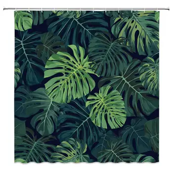 

Tropical Plants Shower Curtain Decor Green Monstera Abstract Bizarre Pattern Fabric Bath Curtains Bathroom Accessories