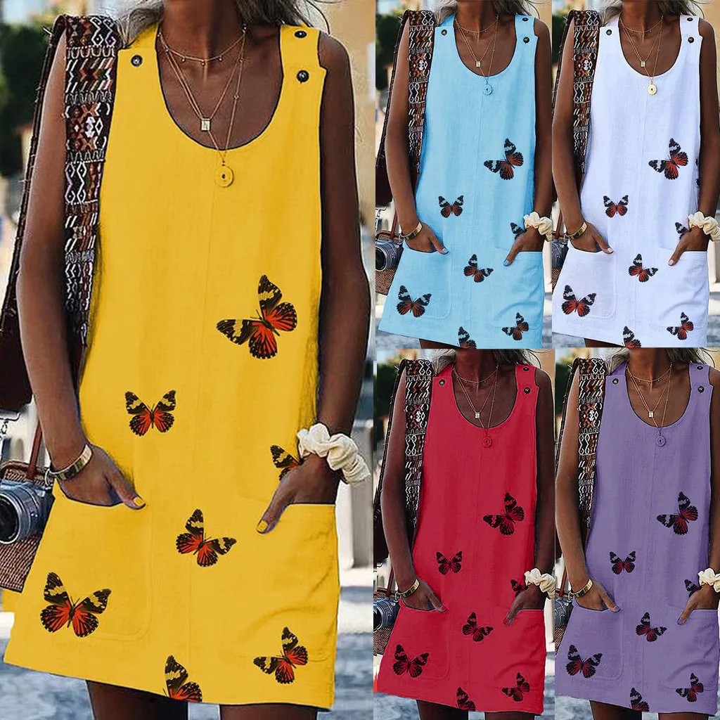 

Women Dress 2019 New Arrival Butterfly Print Sleeveless Summer Dress O neck Casual Loose Mini Chiffon Dresses Vestidos@50