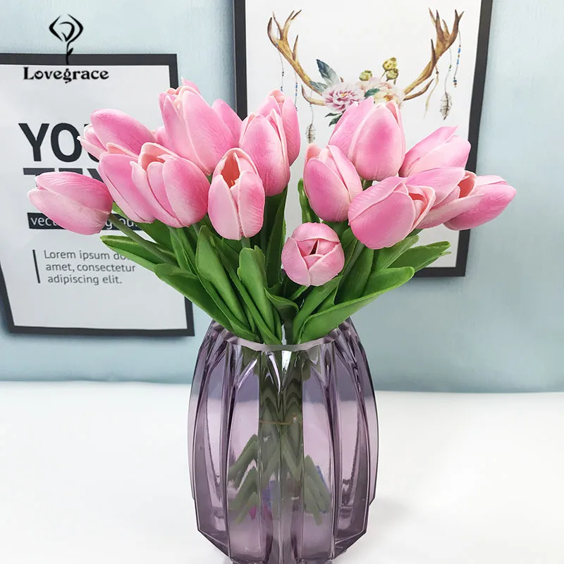 9pcs Real Touch Pu Artificial Flowers Tulip Wedding Bridal Bouquet