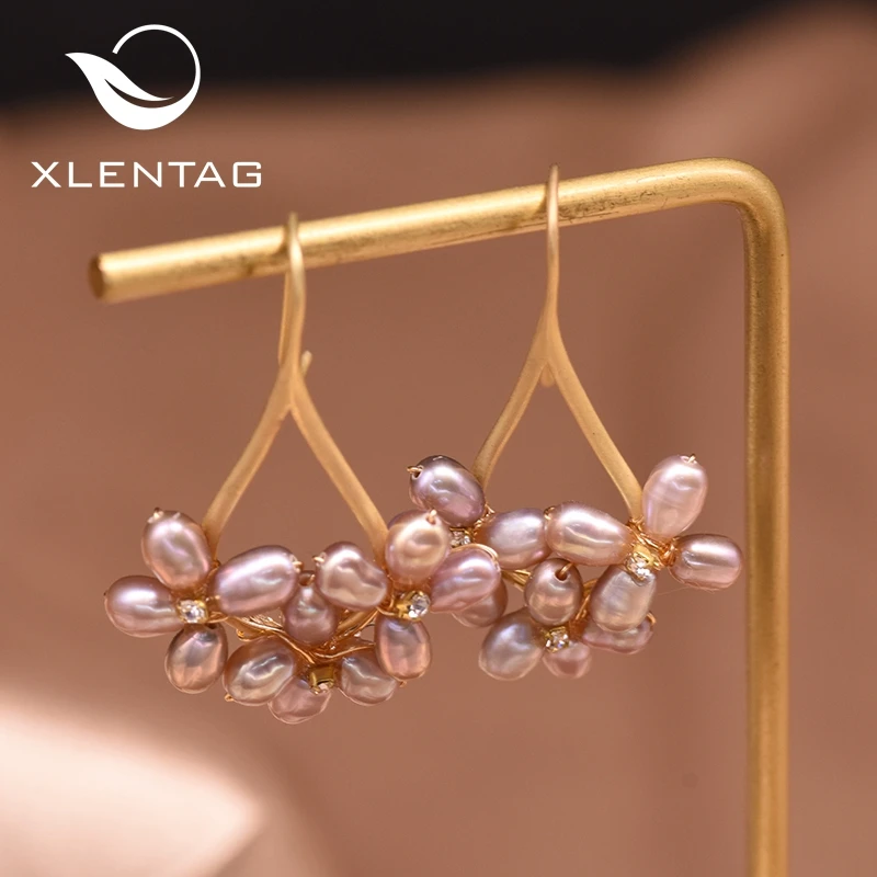 XlentAg натуральный светильник фиолетовые полубарочные жемчужные серьги с цветком
