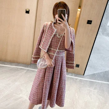 

Female Autumn Winter Set women Temperament Red Bright Silk Tweed Short Jacket coat 2 pcs + Beading Dress Two-piece suit cy012