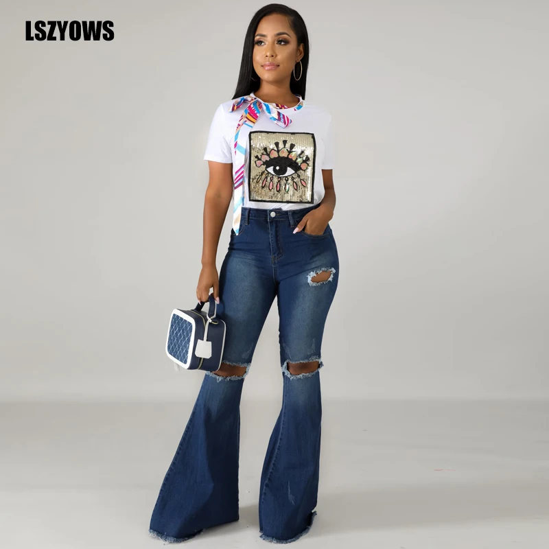 Autumn Fashion Ripped Jeans Women Stretchy High Waist Denim Pant Wide Leg Trousers Ladies Casual Vintage Bell-Bottom Flare Pants