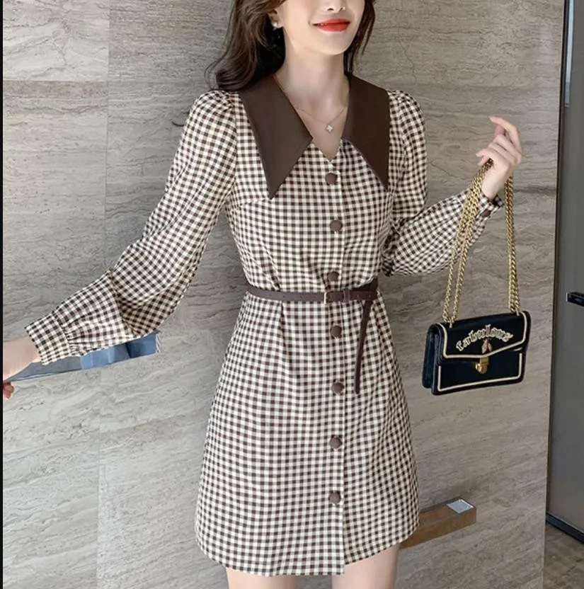 Retro Plaid Fashion Dress Blazer Feminino Single Breasted Sashes Peter Pan Collar Office Lady Womens Blazers Long Sleeve Coats