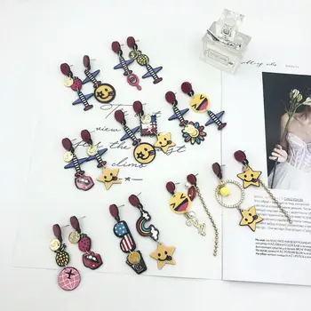 

2020 Brinco Oorbellen Korean Personality Aircraft Fruit Smiley Printing Asymmetric Long Acrylic Earring Net Ear Nail Wholesale