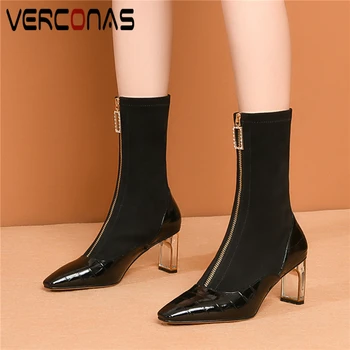 

VERCONAS 2020 Fashion Women Mid-Calf Boots Autumn Winter Front Zipper Genuine Leather Shoes Woman Office Lady Thick Heels Boots
