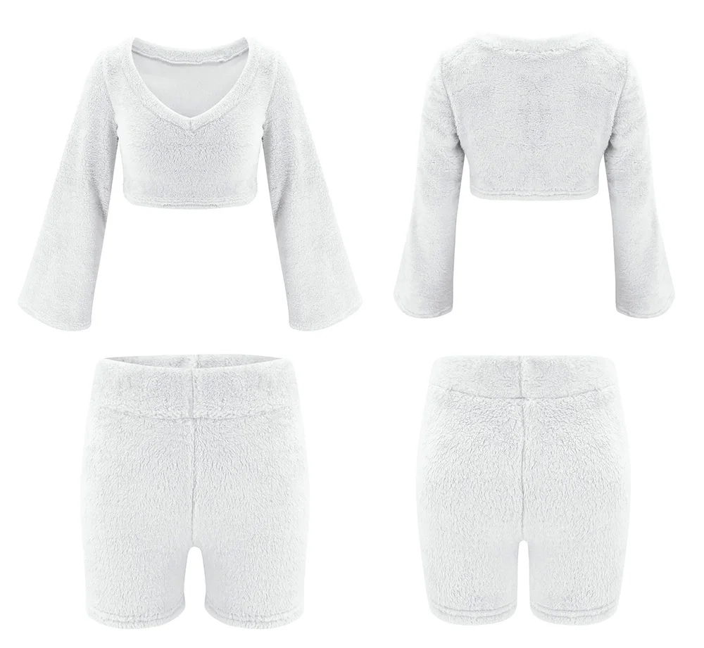 2PCS/Sets Sexy Fluffy Suits Velvet Plush Hooded Sleepwear Shorts+Crop Top Women Tracksuit Casual Sports Set Overalls Sweatshirts